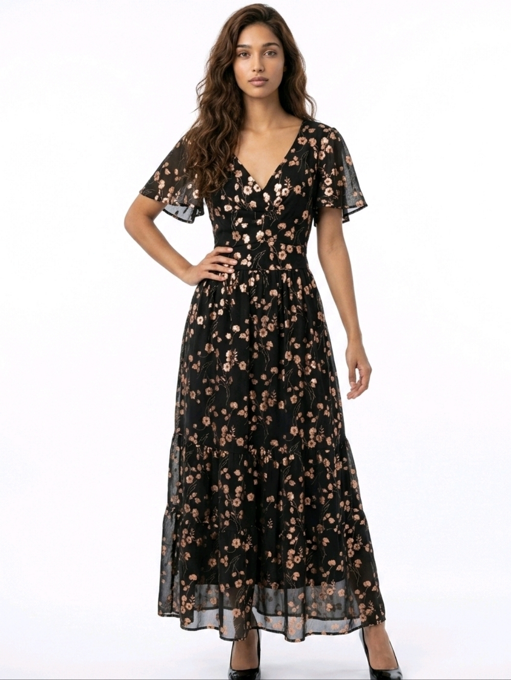 Kensie Black Maxi Chiffon Dress with Rose Gold Floral Print